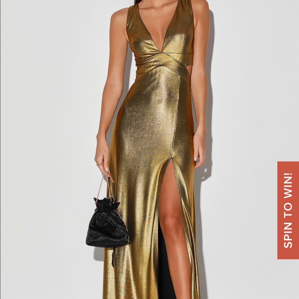 Lulu’s Gold Metallic Cutout Formal Maxi Dress